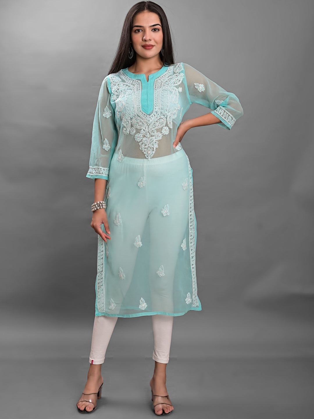 

Apratim Ethnic Motifs Chikankari Embroidered Georgette Kurta, Sea green