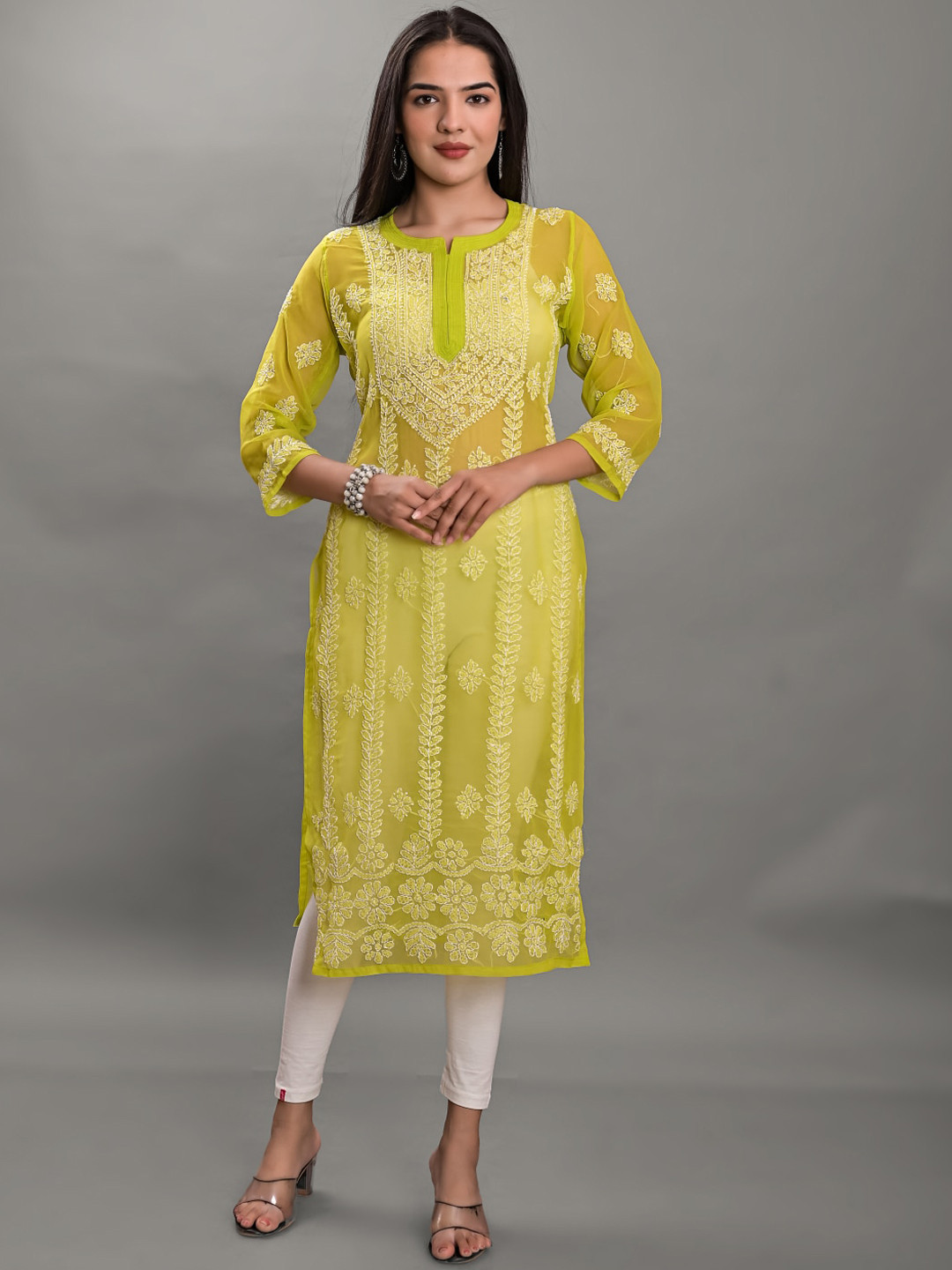 

Apratim Ethnic Motifs Chikankari Embroidered Georgette Kurta, Green