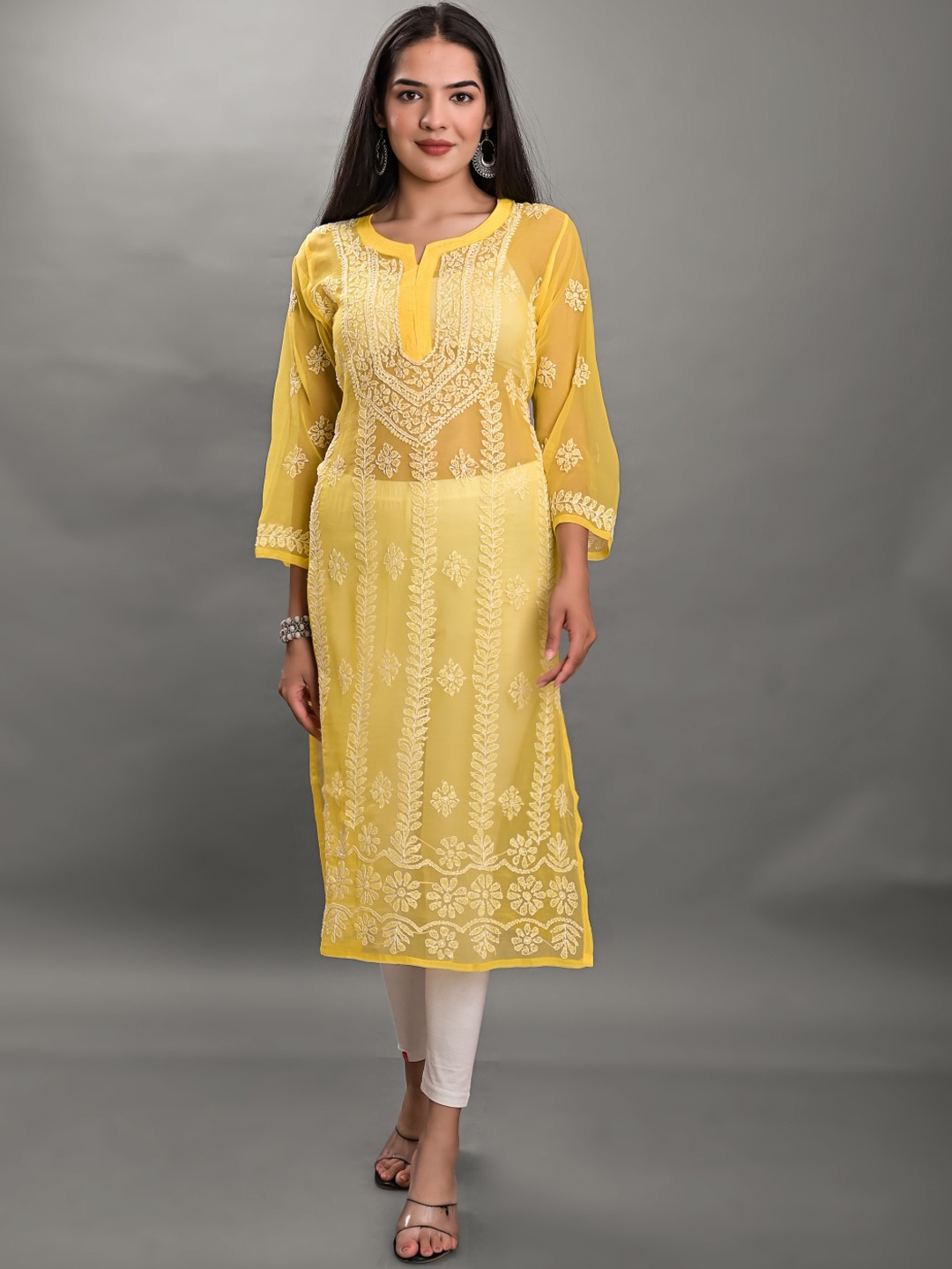 

Apratim Yellow & White Ethnic Motifs Embroidered Chikankari Georgette Kurta