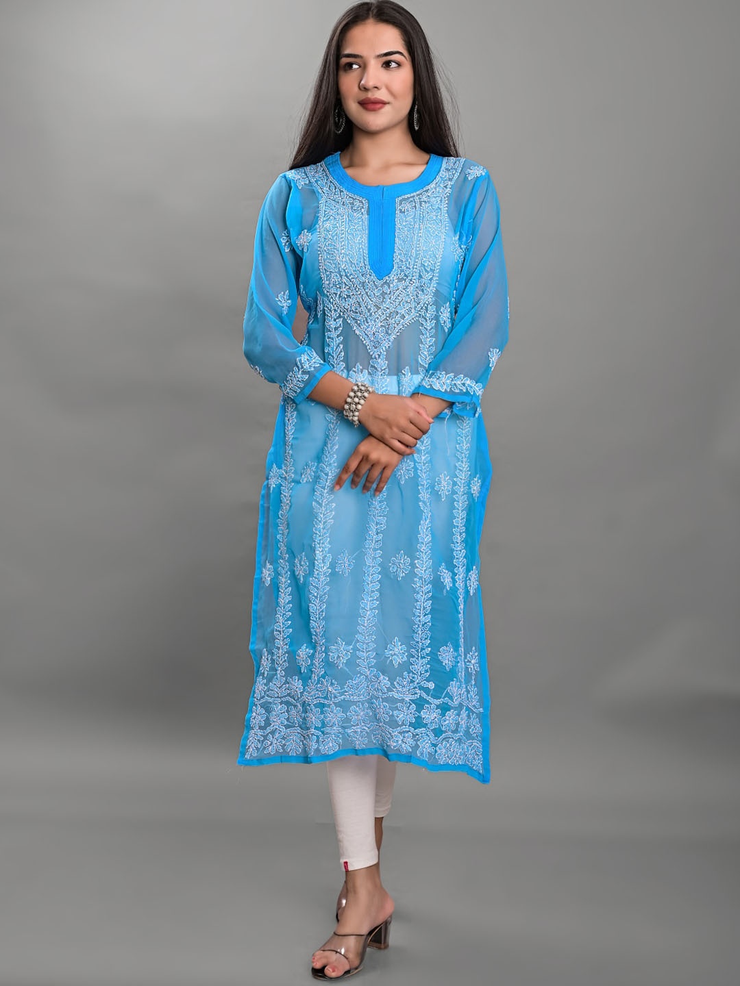 

Apratim Turquoise Blue & White Ethnic Motifs Embroidered Chikankari Georgette Kurta