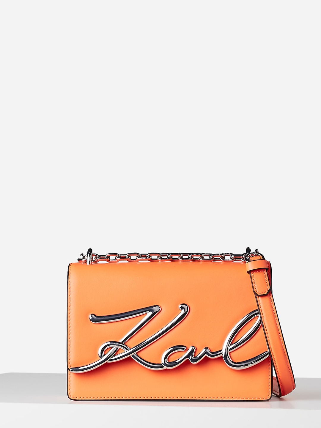 

Karl Lagerfeld Typography Printed Leather Structured Shoulder Bag, Orange