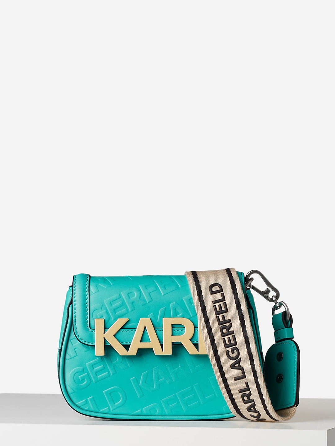

Karl Lagerfeld Typography Printed Leather Structured Sling Bag, Blue
