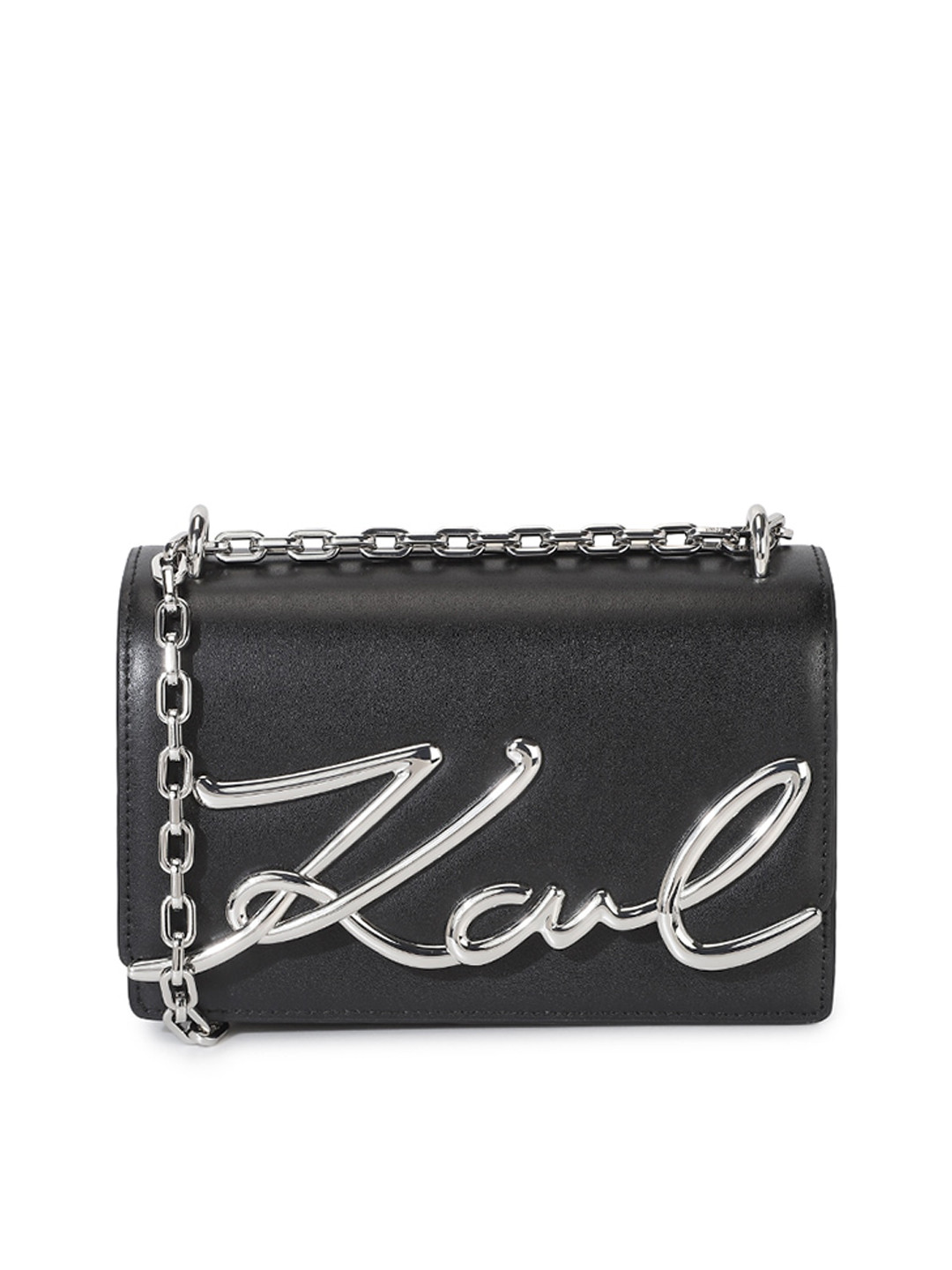 

Karl Lagerfeld Typography Printed Leather Structured Sling Bag, Black