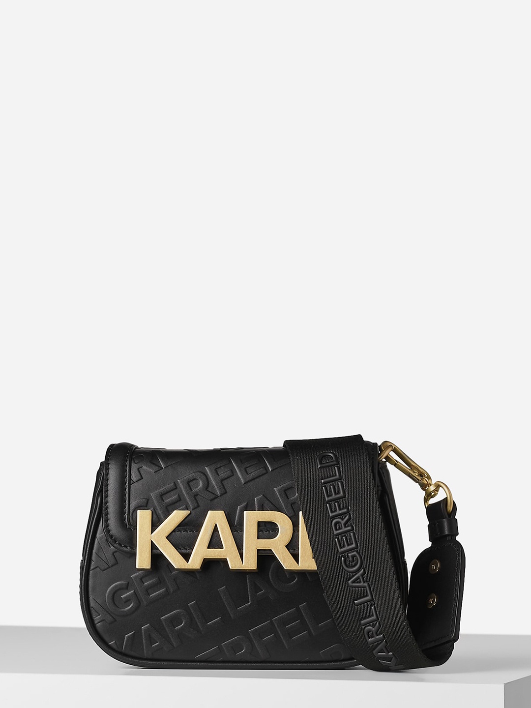 

Karl Lagerfeld Typography Printed Leather Structured Sling Bag, Black