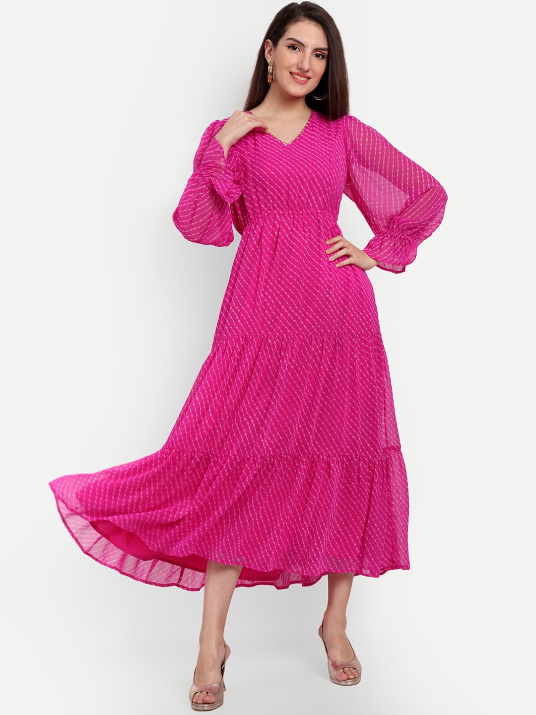 

KASHEEDA Puff Sleeves Leheriya Printed Tiered Sequined Fit & Flare Midi Dress, Pink