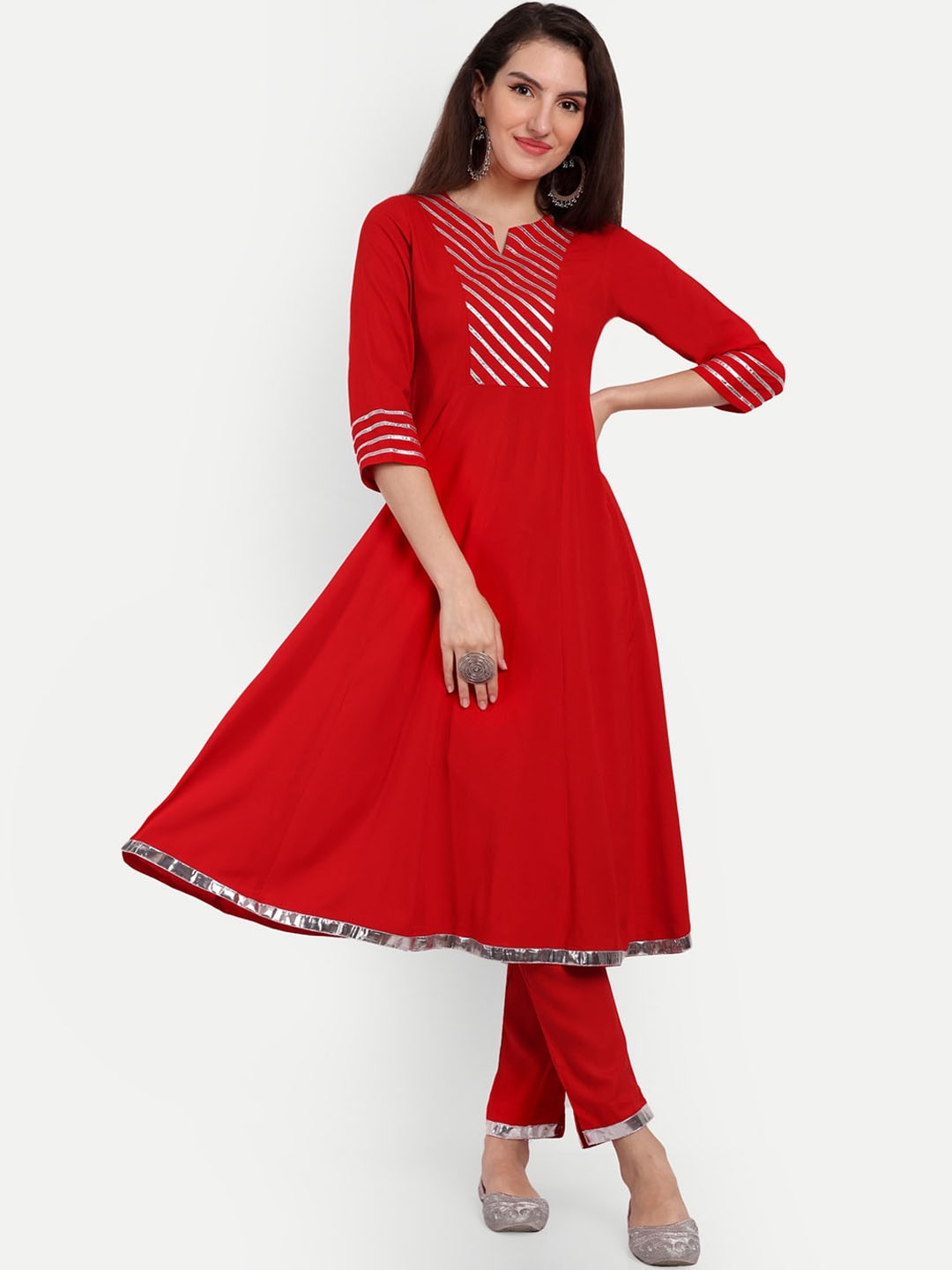 

KASHEEDA Yoke Design Notched Neck Gotta Patti Anarkali Kurta, Red