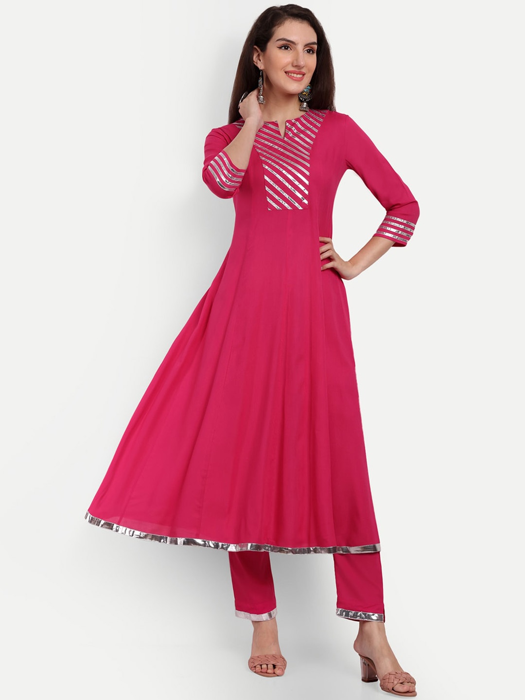 

KASHEEDA Yoke Design Notched Neck Gotta Patti Anarkali Kurta, Pink