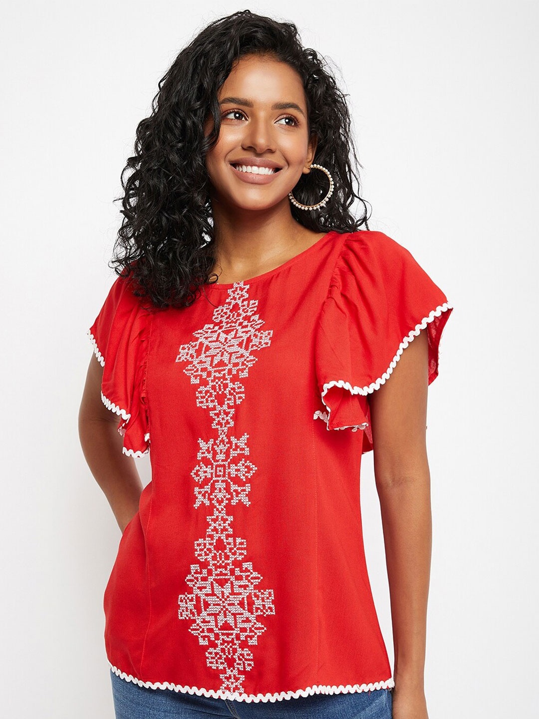 

Ruhaans Ethnic Embroidered Flutter Sleeve Top, Red