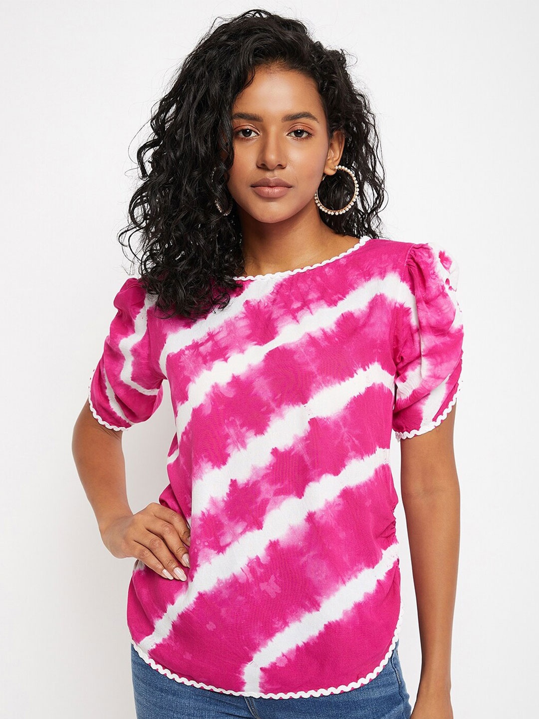

Ruhaans Tie and Dye Puff Sleeves Top, Pink