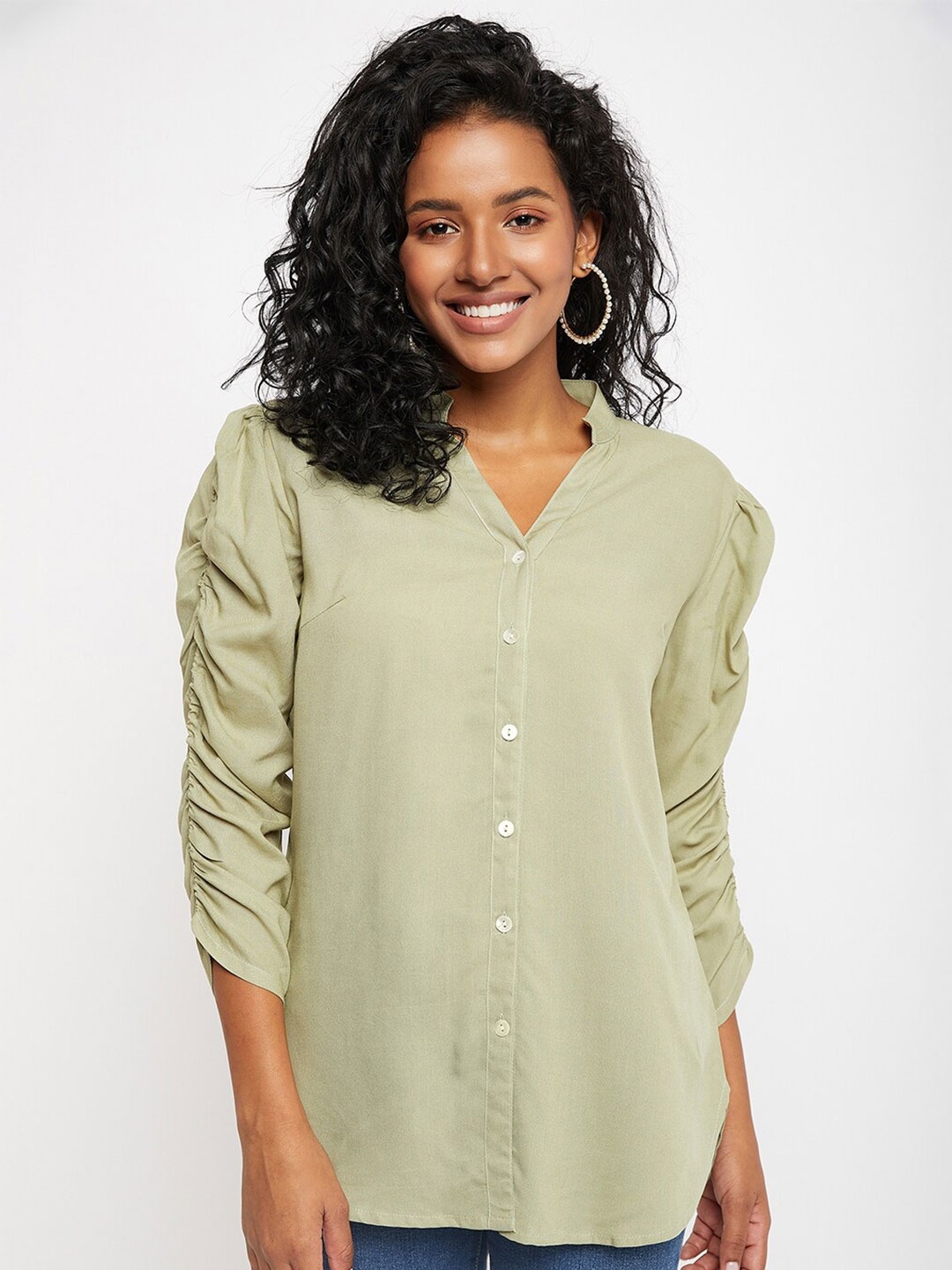 

Ruhaans Classic Ruched Detail Casual Shirt, Green