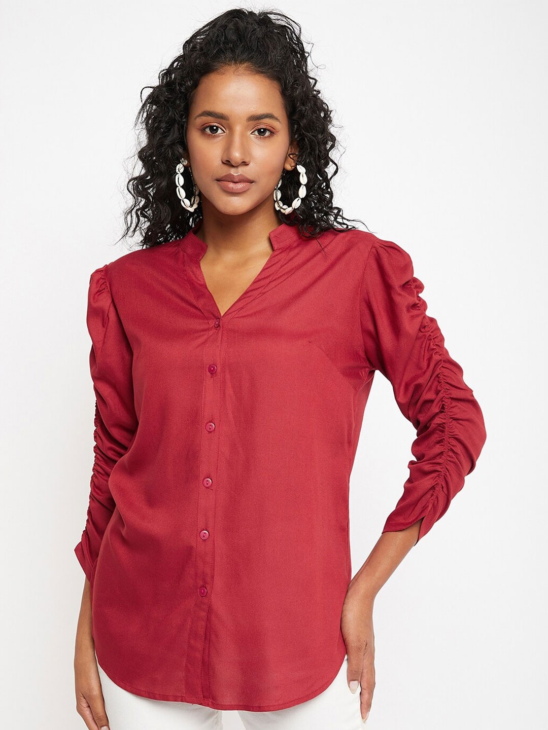 

Ruhaans Mandarin Collar Puff Sleeves Ruched Details Shirt, Maroon