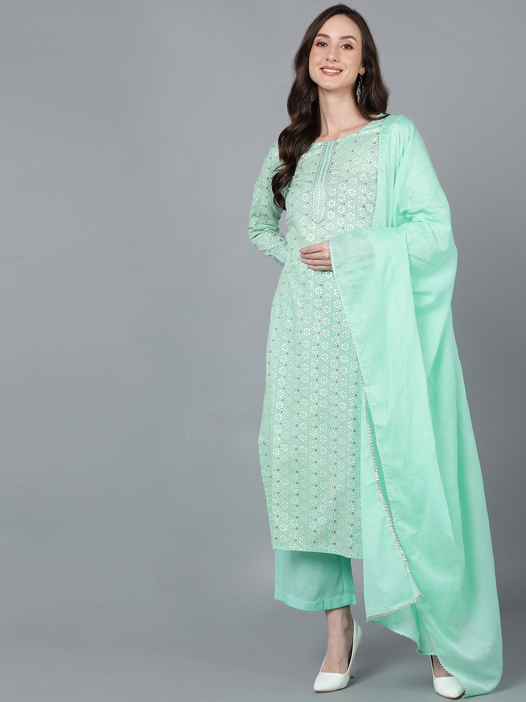 

AHIKA Sea Green Ethnic Motifs Printed Sequinned Pure Cotton Kurta with Palazzos & Dupatta