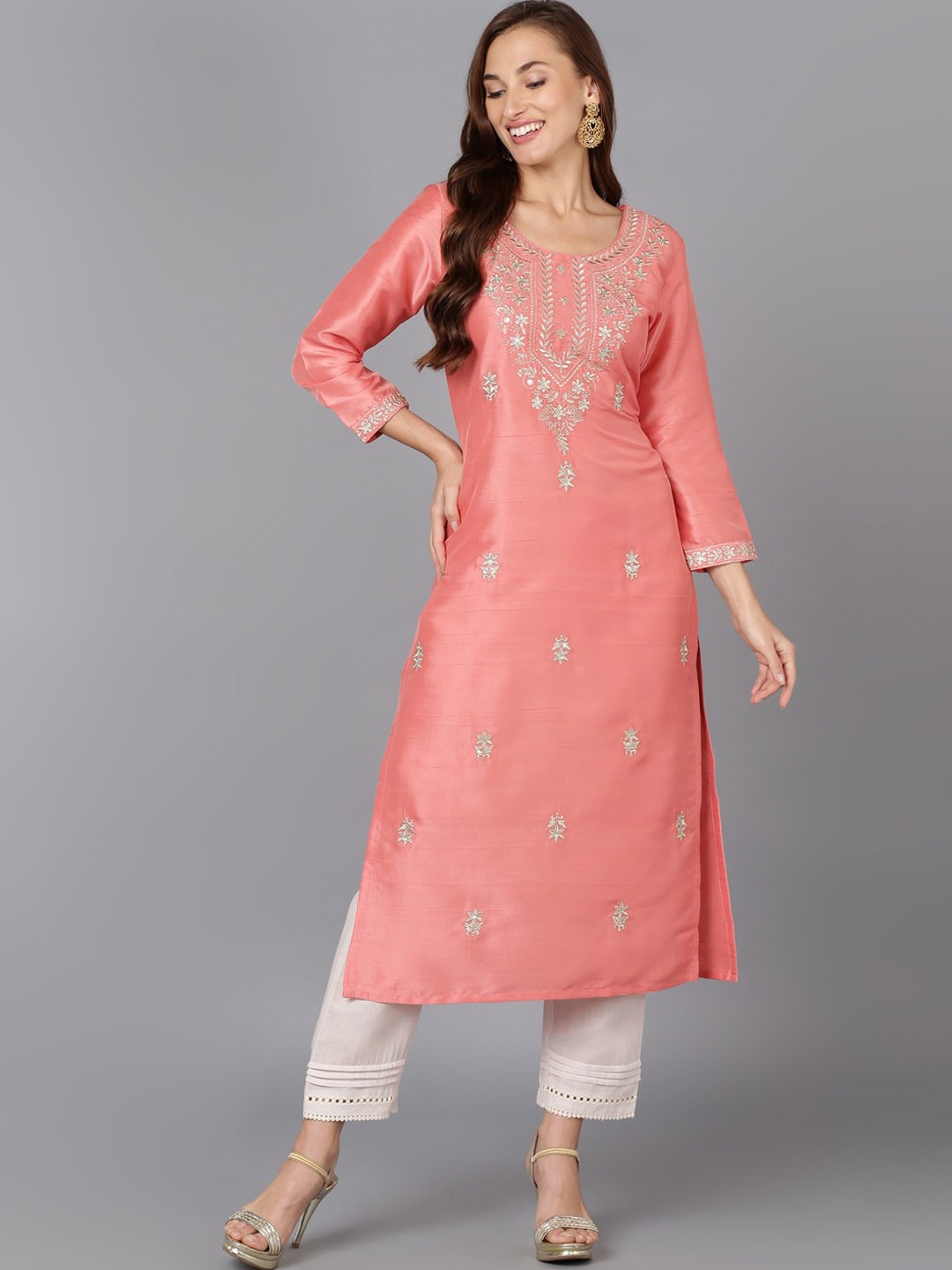 

AHIKA Peach Coloured Ethnic Motif Embroidered Sequinned Kurta