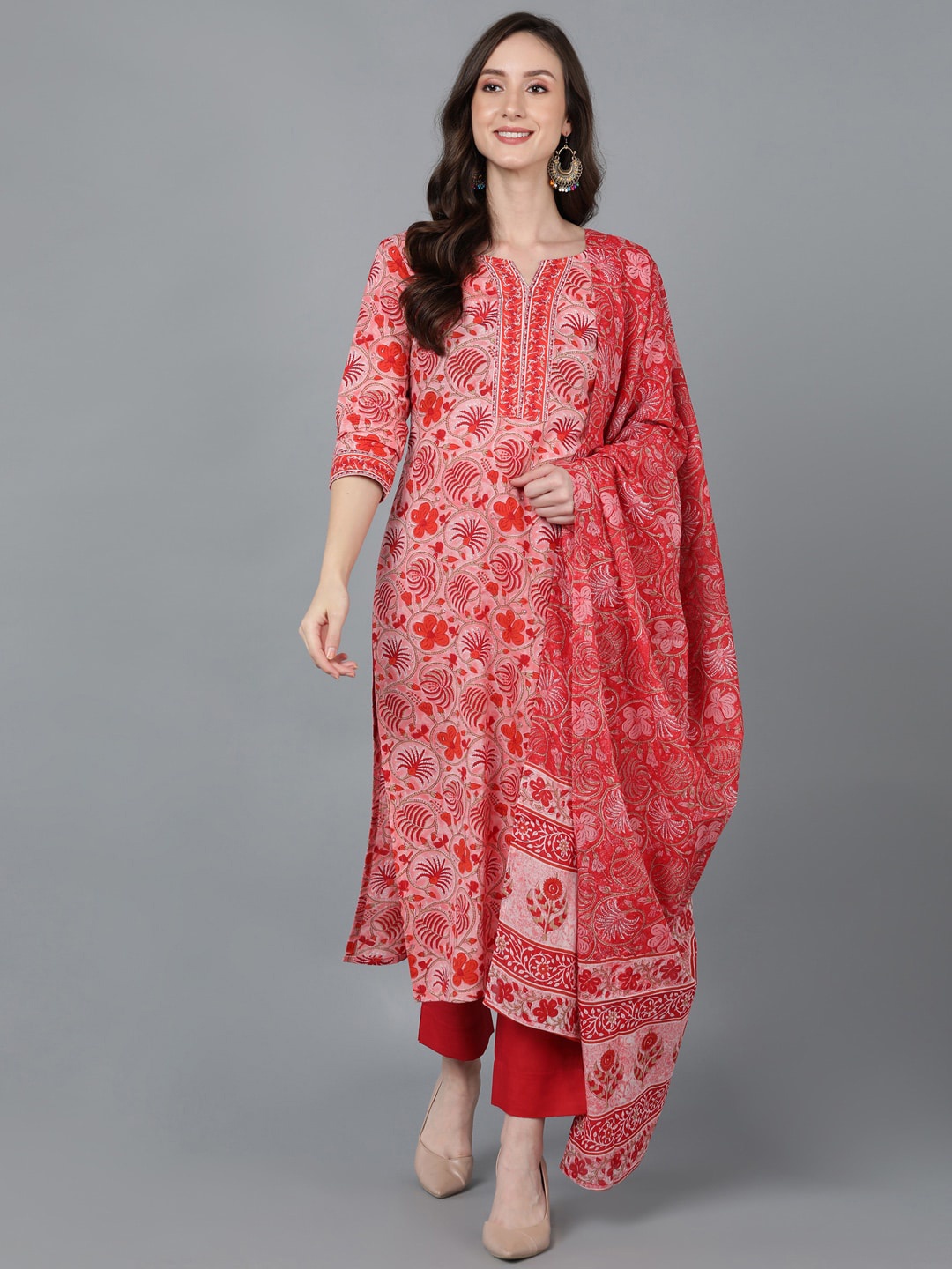 

AHIKA Pink & Red Floral Printed Pure Cotton Kurta with Trousers & Dupatta