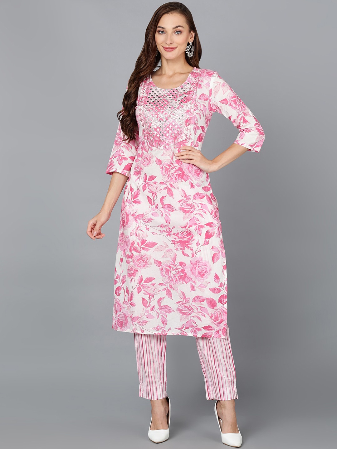 

AHIKA White & Pink Floral Printed Mirror Work Kurta with Trousers