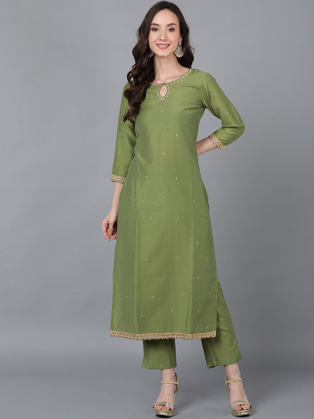 

AHIKA Olive Green Embroidered Keyhole Neck Sequinned Kurta