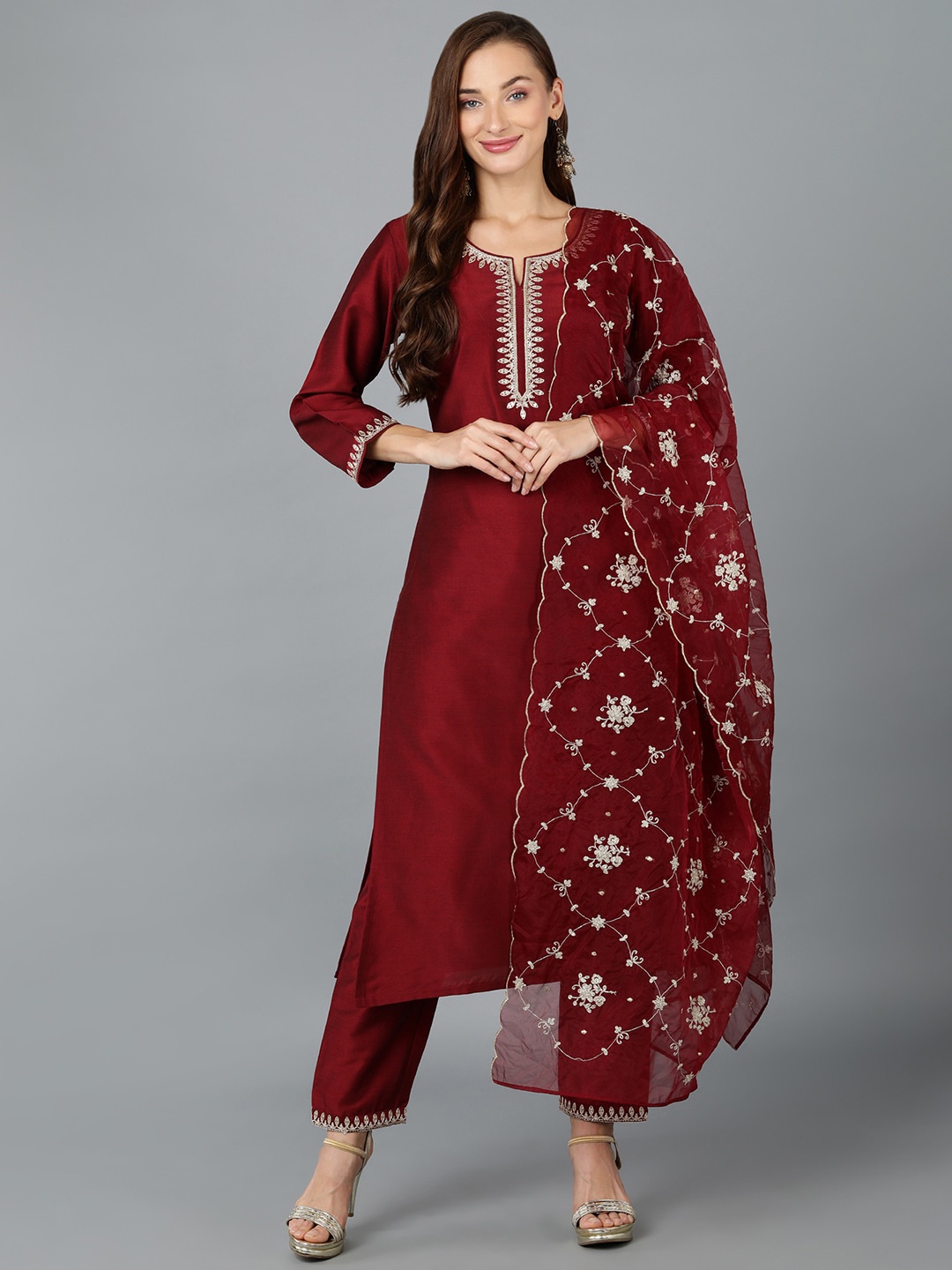 

AHIKA Maroon Yoke Design Zari Sequinned Kurta with Trousers & Dupatta