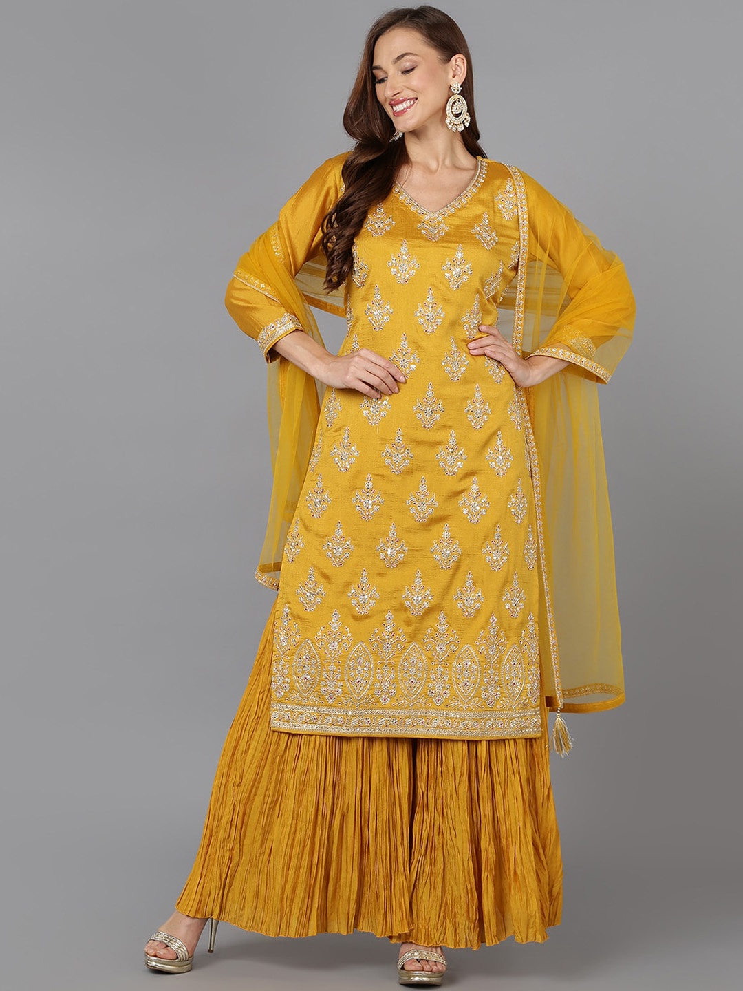 

AHIKA Mustard Yellow & Silver-Toned Embroidered Sequined Kurta with Palazzos & Dupatta