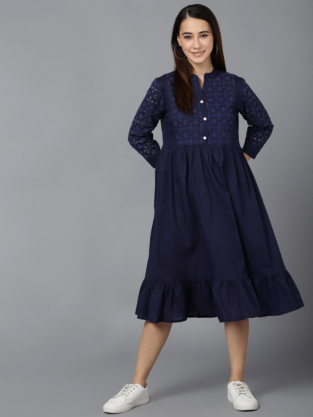 

AHIKA Mandarin Collar Print Fit & Flare Midi Dress, Navy blue