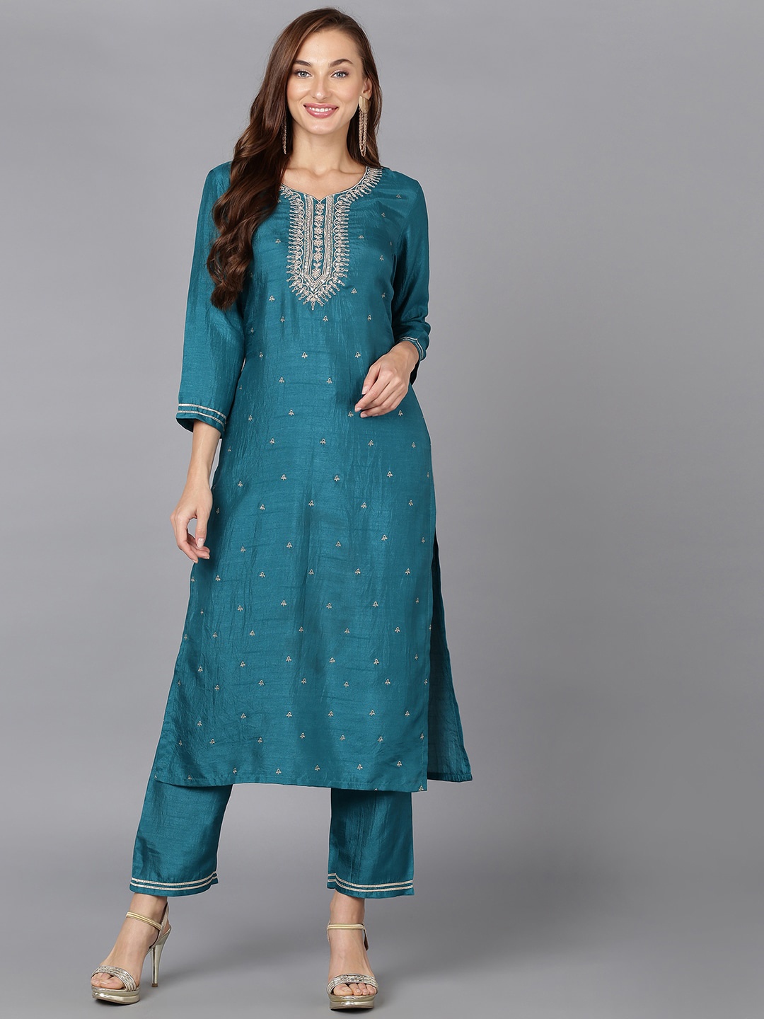 

AHIKA Teal Blue Ethnic Motif Embroidered Sequinned Kurta