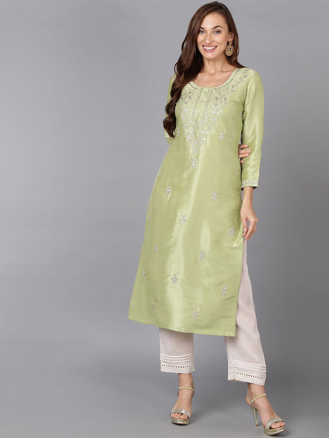 

AHIKA Lime Green & Silver Toned Ethnic motifs Embroidered Kurta