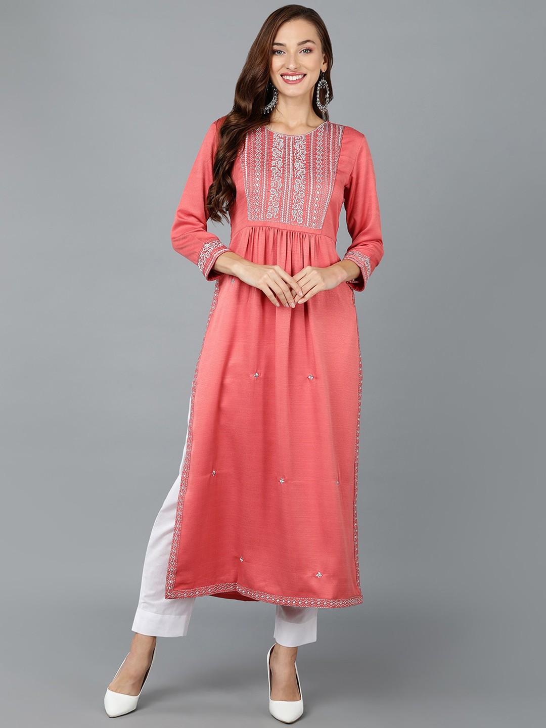 

AHIKA Peach & Silver Toned Floral Embroidered A-Line Kurta