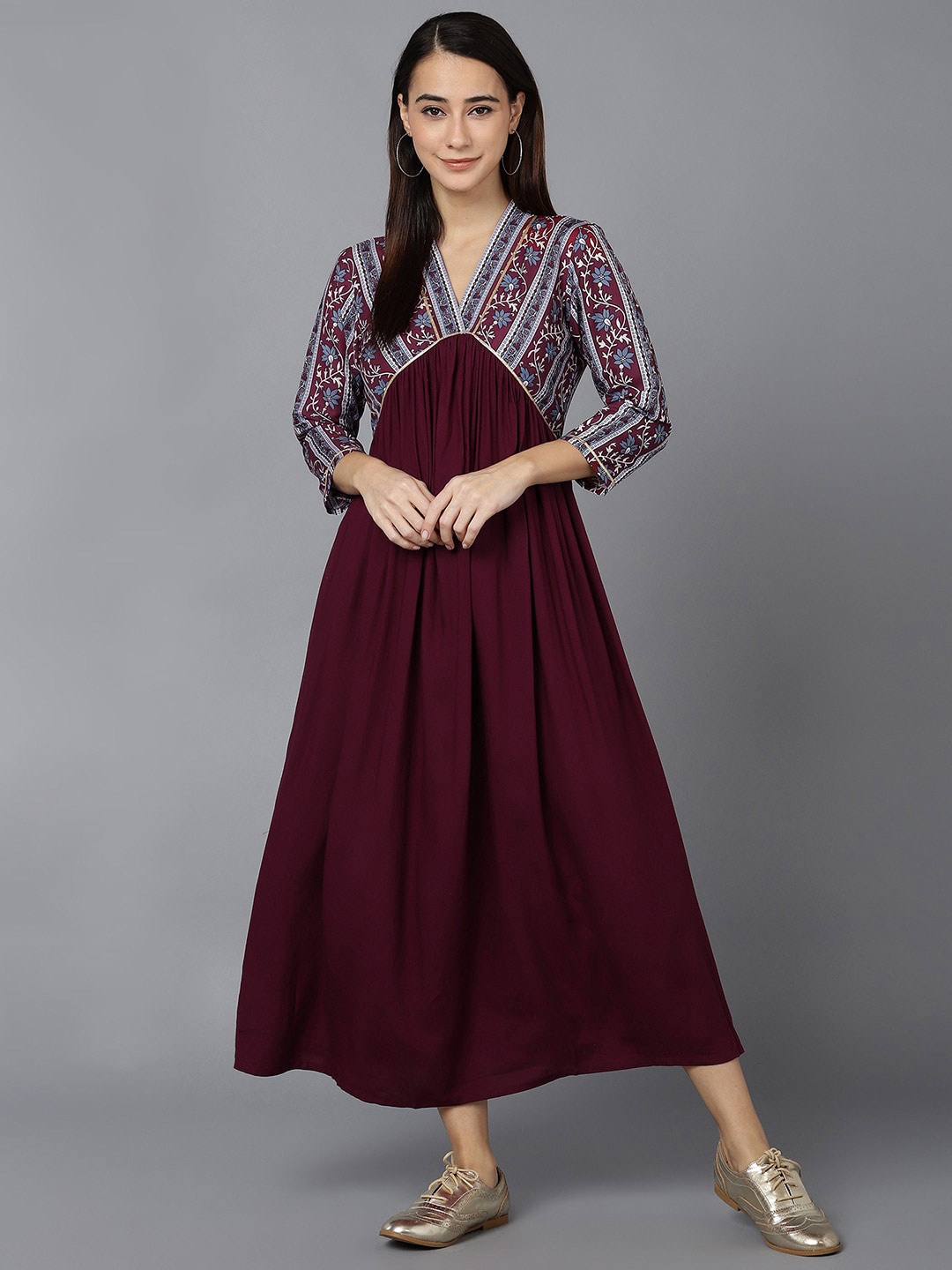 

AHIKA Burgundy & Blue Ethnic Motif Printed Empire Maxi Ethnic Dress