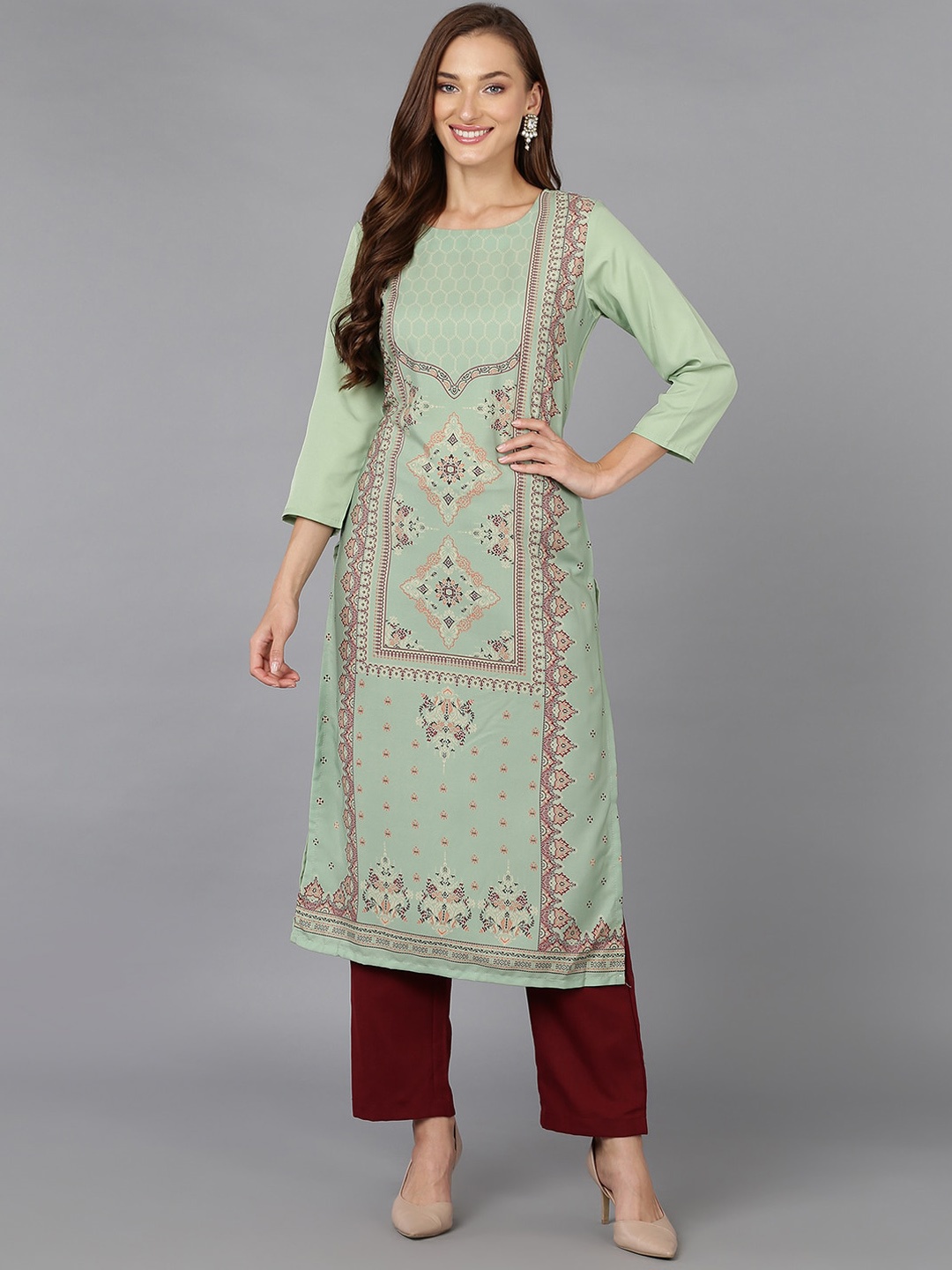 

AHIKA Green & Brown Ethnic Motifs Printed Kurta