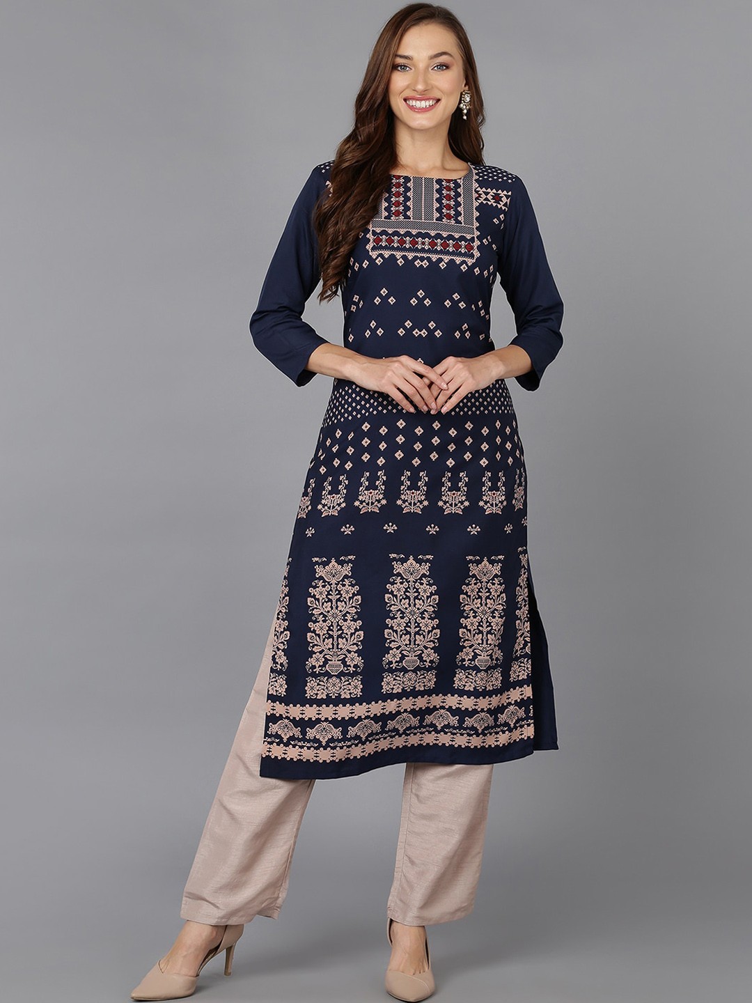

AHIKA Navy Blue & dark sapphire Ethnic Motifs Printed Straight Kurta