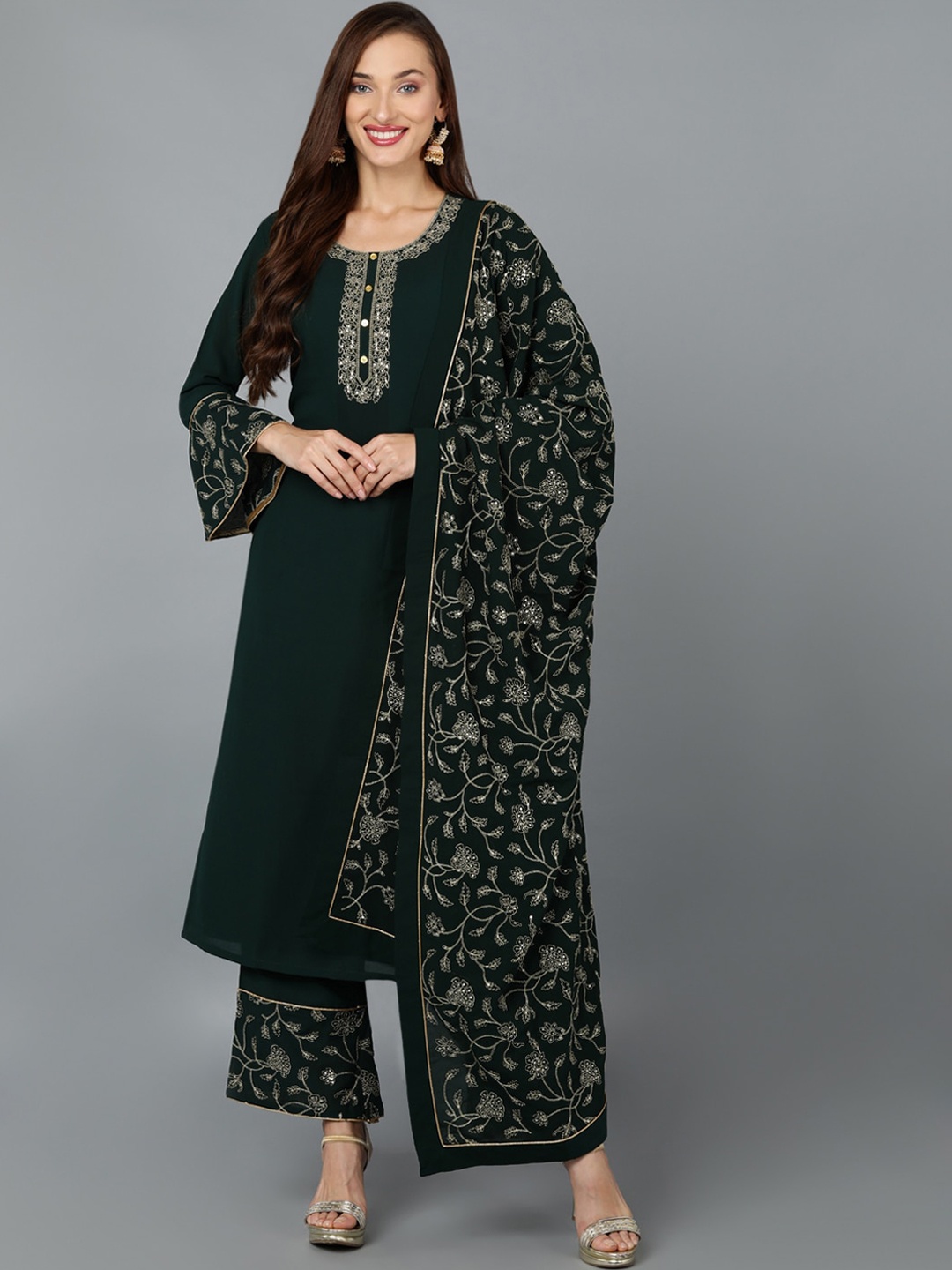 

AHIKA Green & Gold-Toned Floral Embroidered Sequinned Kurta with Palazzos & Dupatta