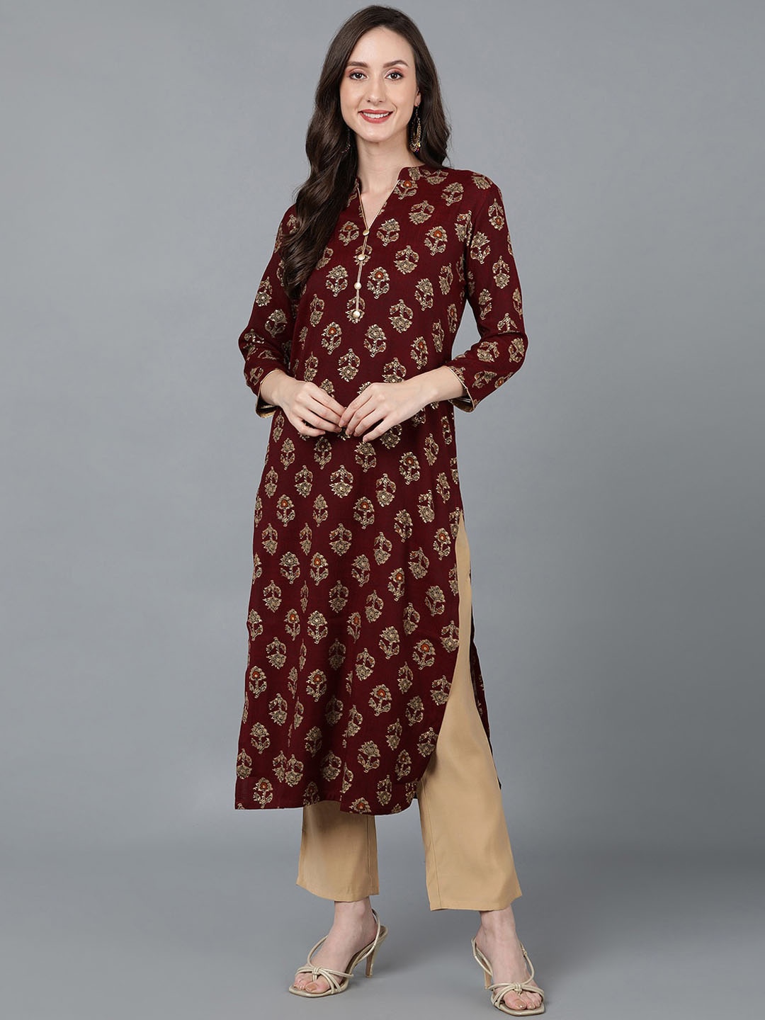 

AHIKA Maroon & dark sienna Ethnic Motifs Printed Kurta