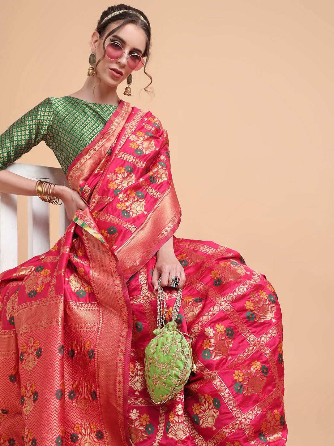 

Sangria Red & Silver Floral Woven Design Sarees