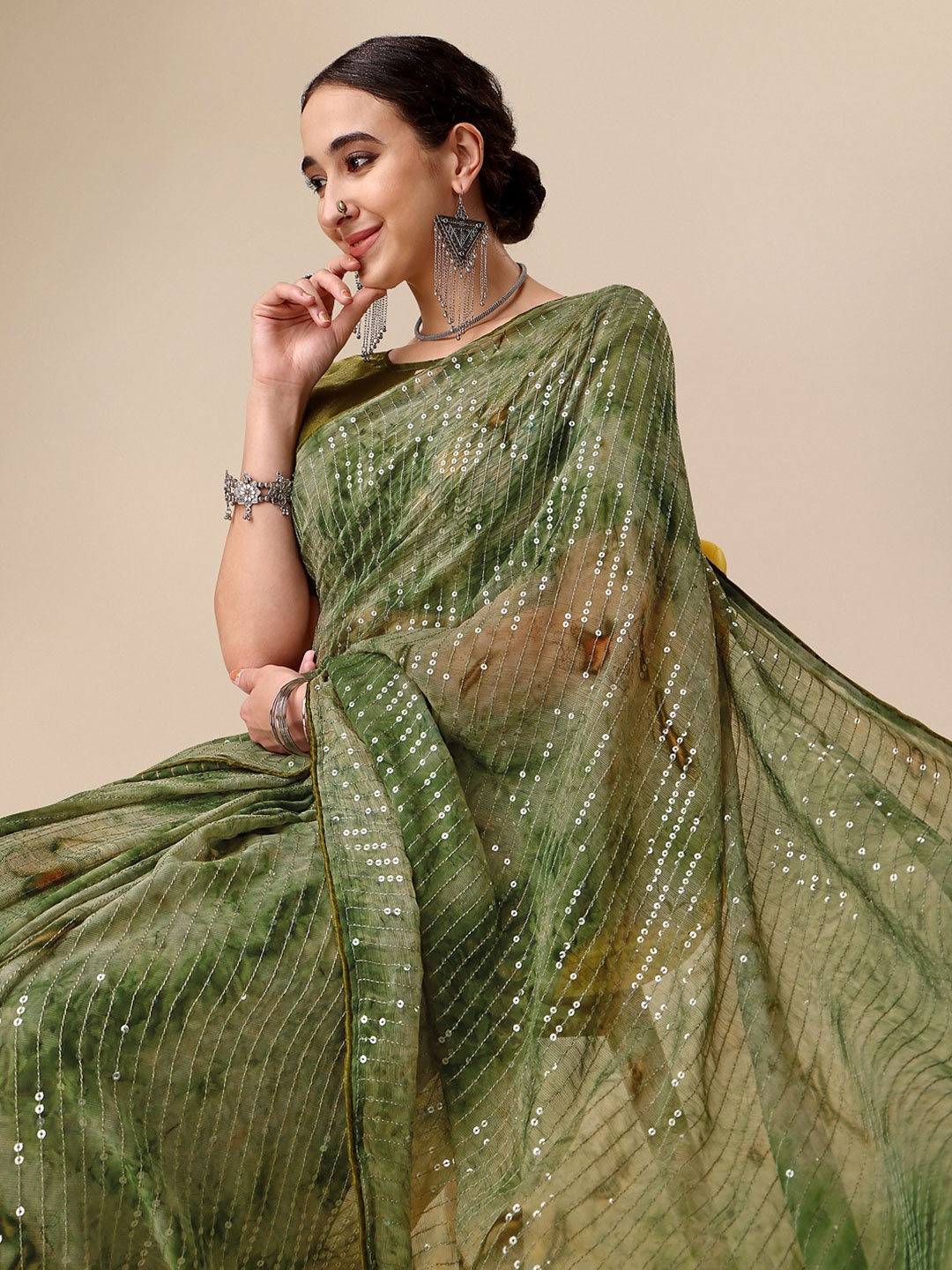 

Sangria Olive Green Sequenced Printed Pure Georgette Sarees