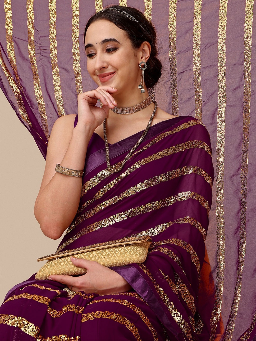

Sangria Magenta Sequin Embellished Pure Georgette Saree