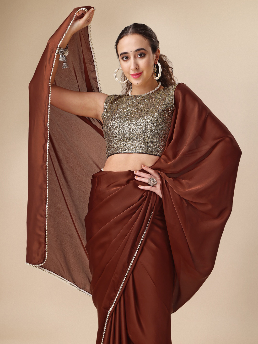 

Sangria Brown Pearl Embellished Satin Saree