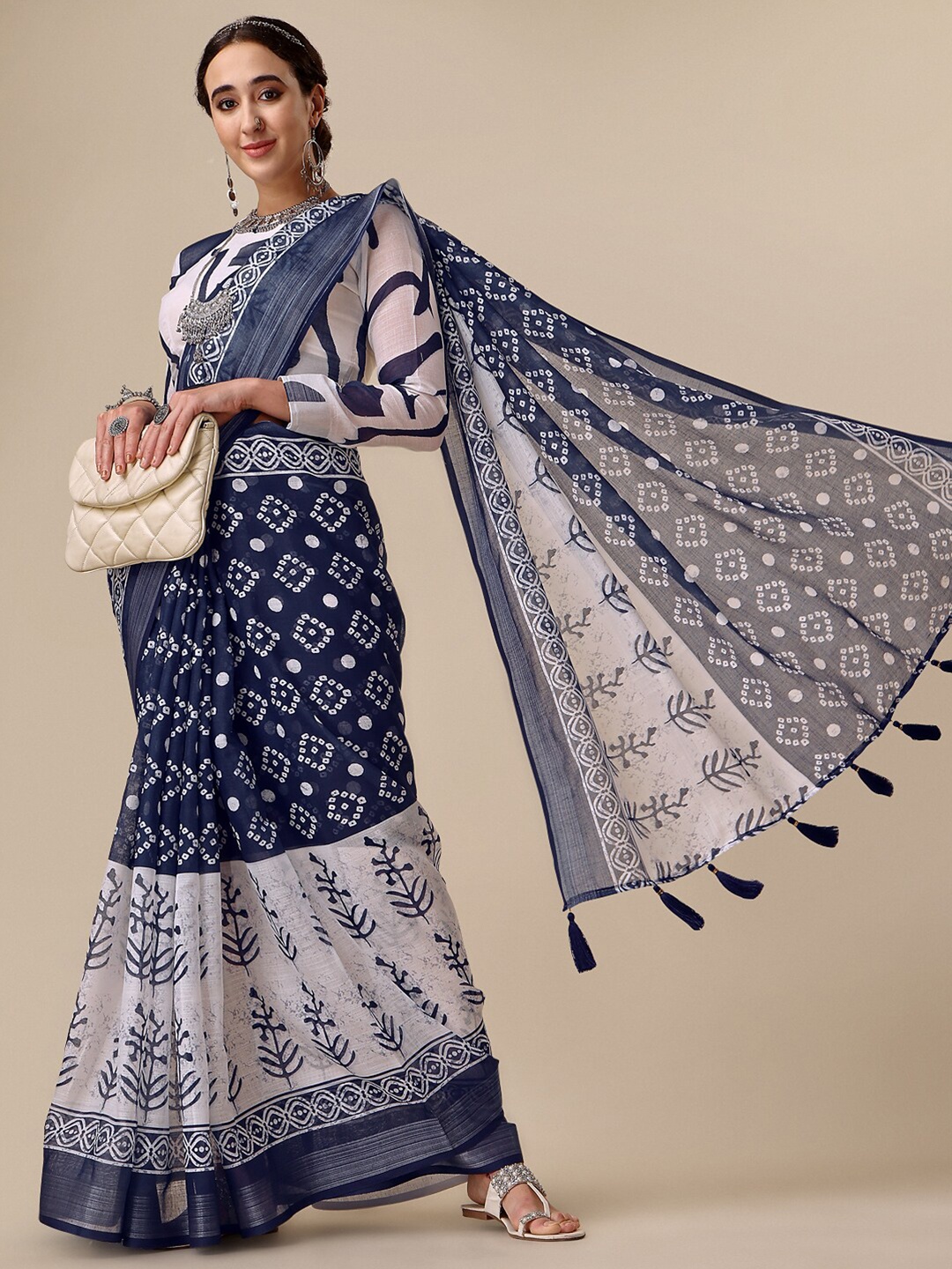 

Sangria Navy Blue & White Bandhani Printed Pure Linen Saree