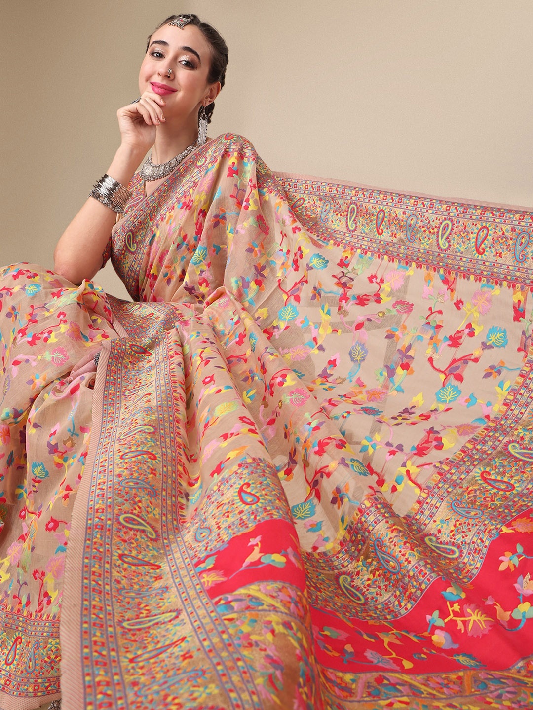 

Sangria Beige & Orange Floral Woven Design Pure Silk Saree