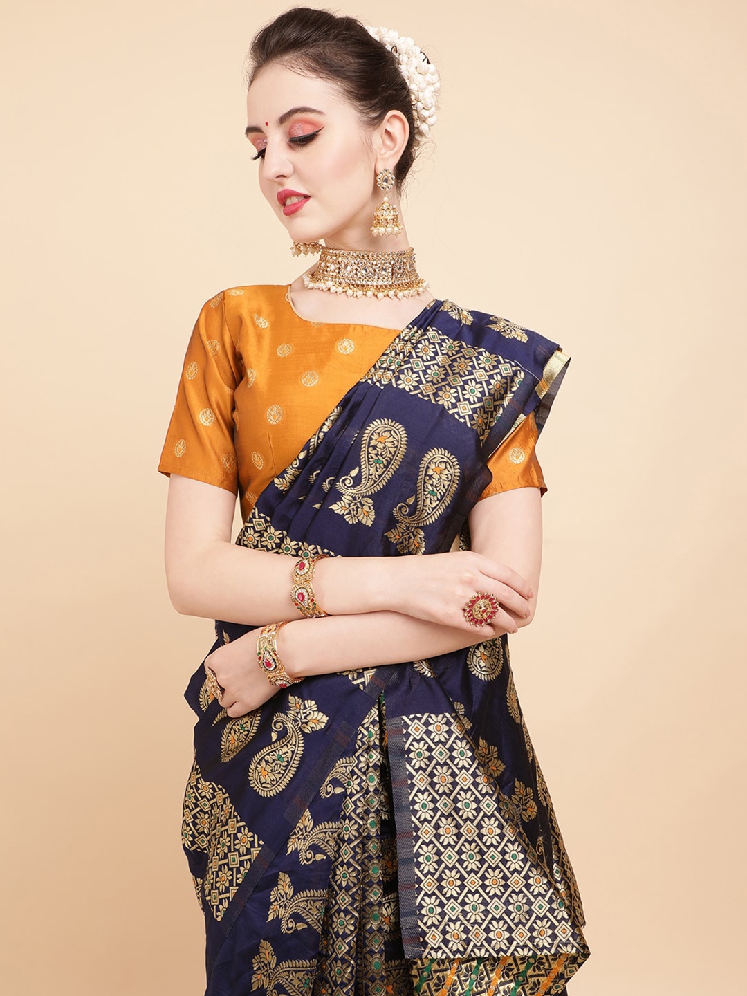 

Sangria Ethnic Motif Woven Design Asamese Mekhela Chador Saree, Navy blue