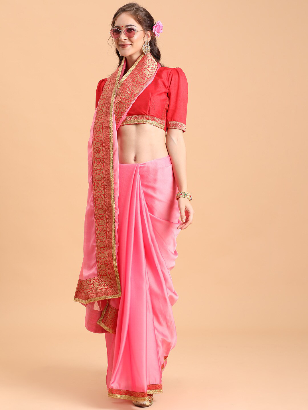 

Sangria Semi Sheer Zari Saree, Rose