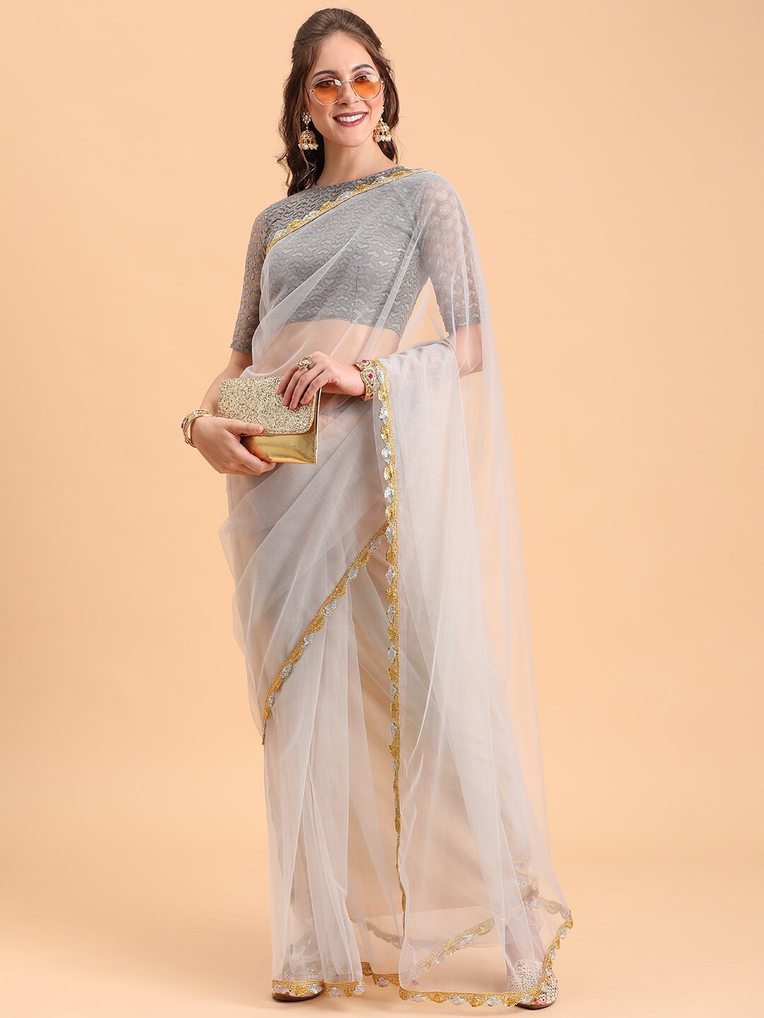 

Sangria Embellished Supernet Saree, Grey