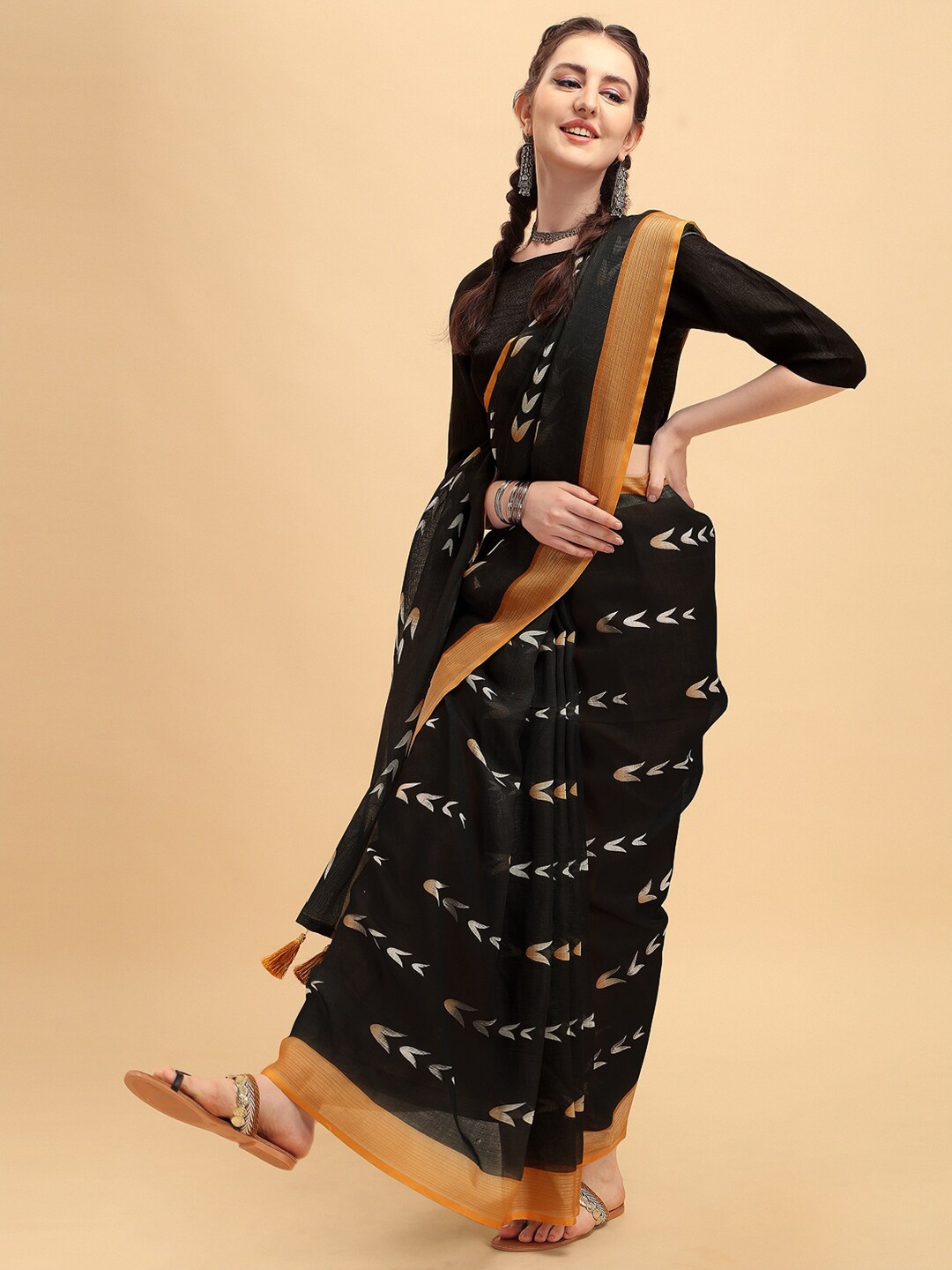 

Sangria Black Floral Woven Design Pure Linen Saree