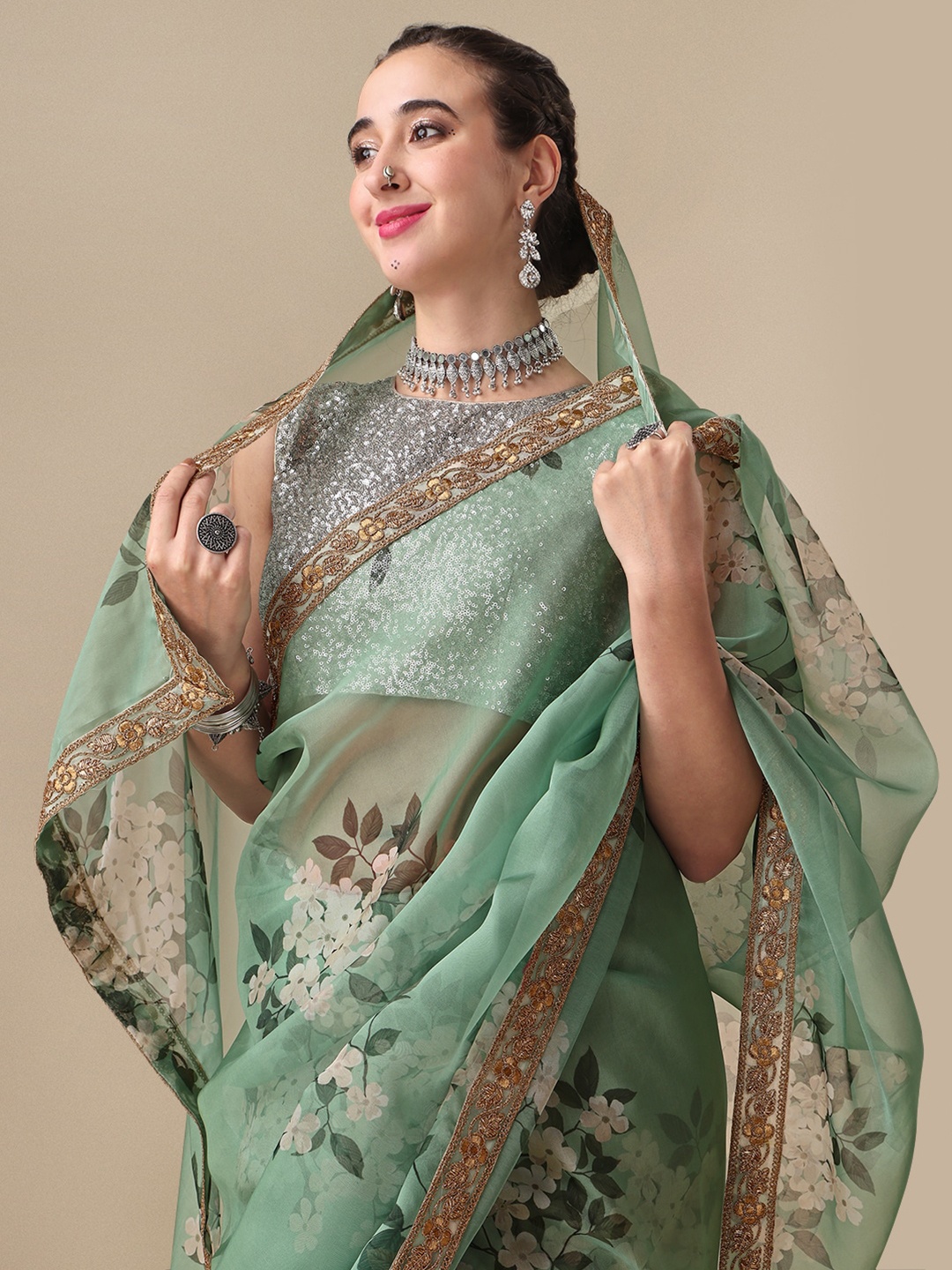 

Sangria Green Floral Printed Embellished Organza Saree, Sea green