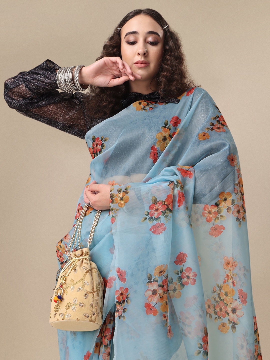 

Sangria Floral Printed Organza Saree, Teal