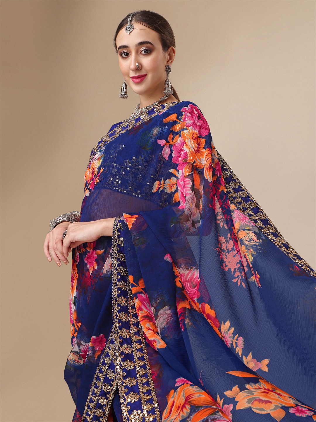 

Sangria Navy Blue & red Floral Printed Embellished Organza Saree