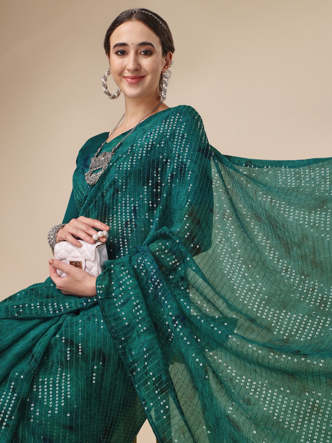 

Sangria Sequinned Pure Georgette Saree, Teal