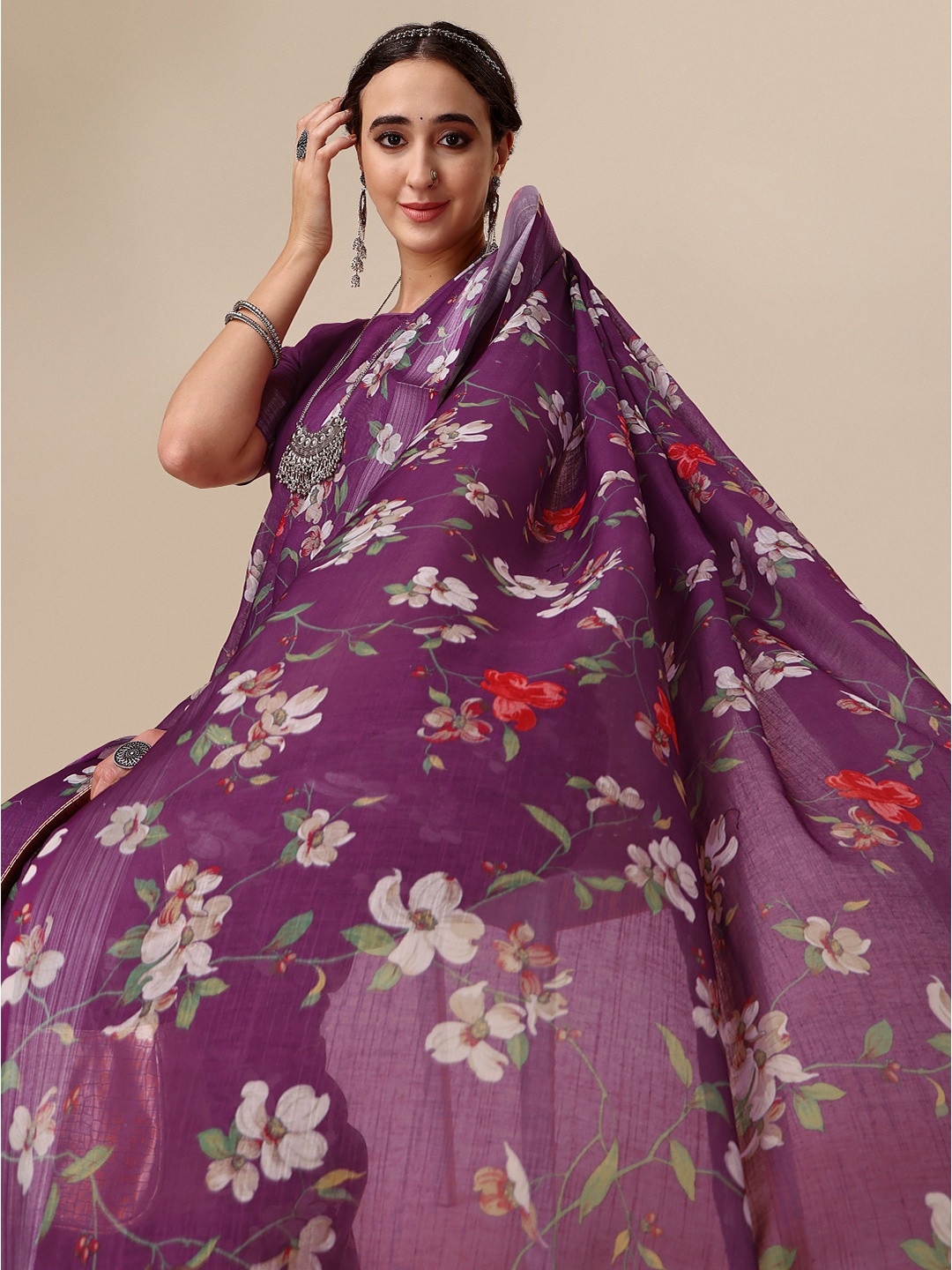 

Sangria Floral Printed Pure Linen Saree, Purple