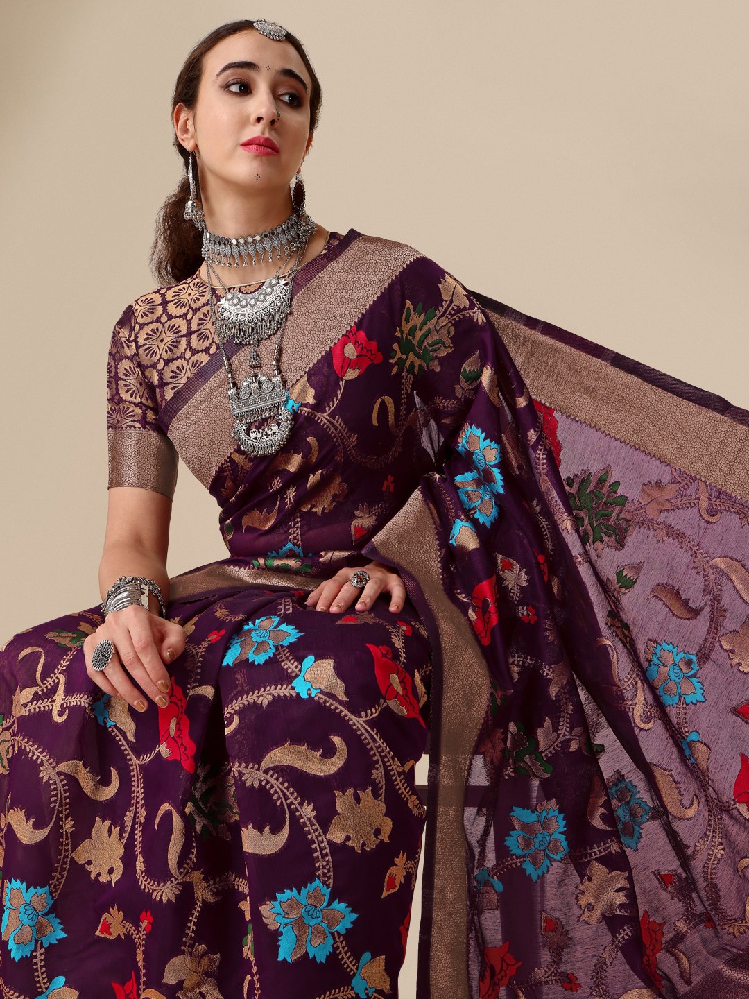 

Sangria Floral Printed Pure Silk Saree, Burgundy