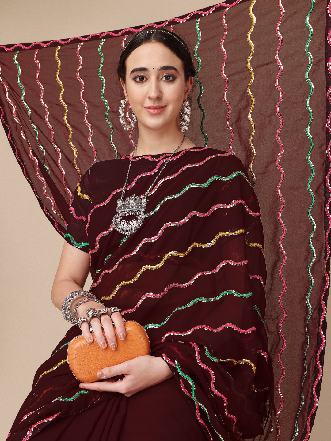 

Sangria Embroidered Pure Georgette Sarees, Brown
