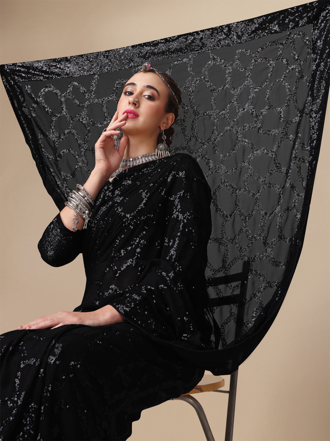 

Sangria Black Sequinned Pure Georgette Saree