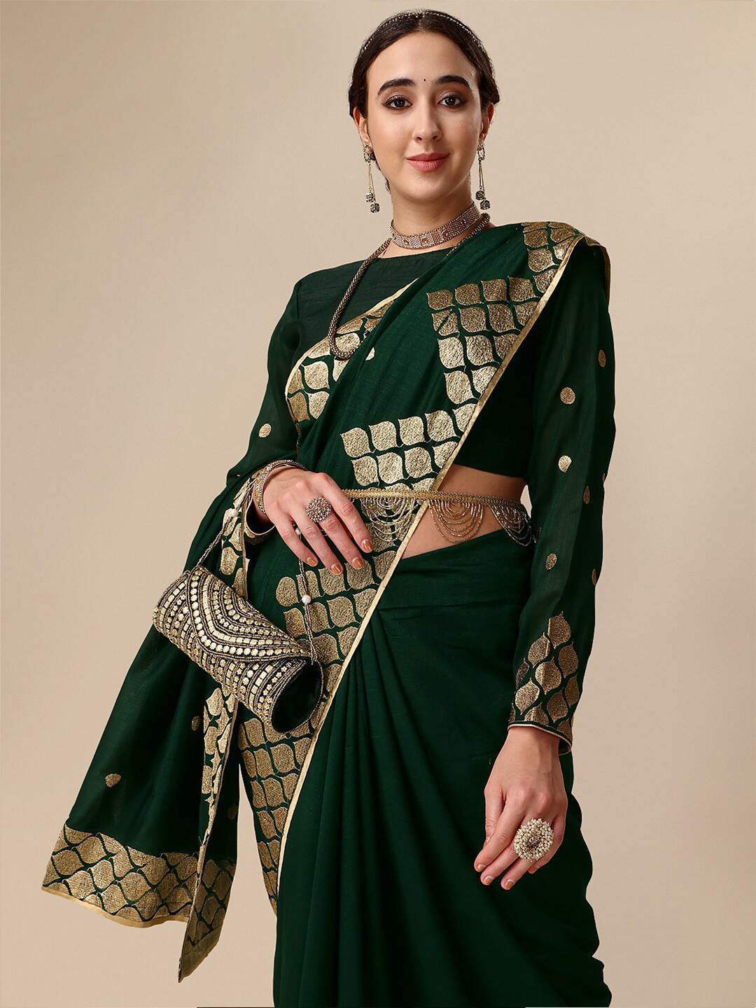 

Sangria Zari Pure Silk Saree, Olive